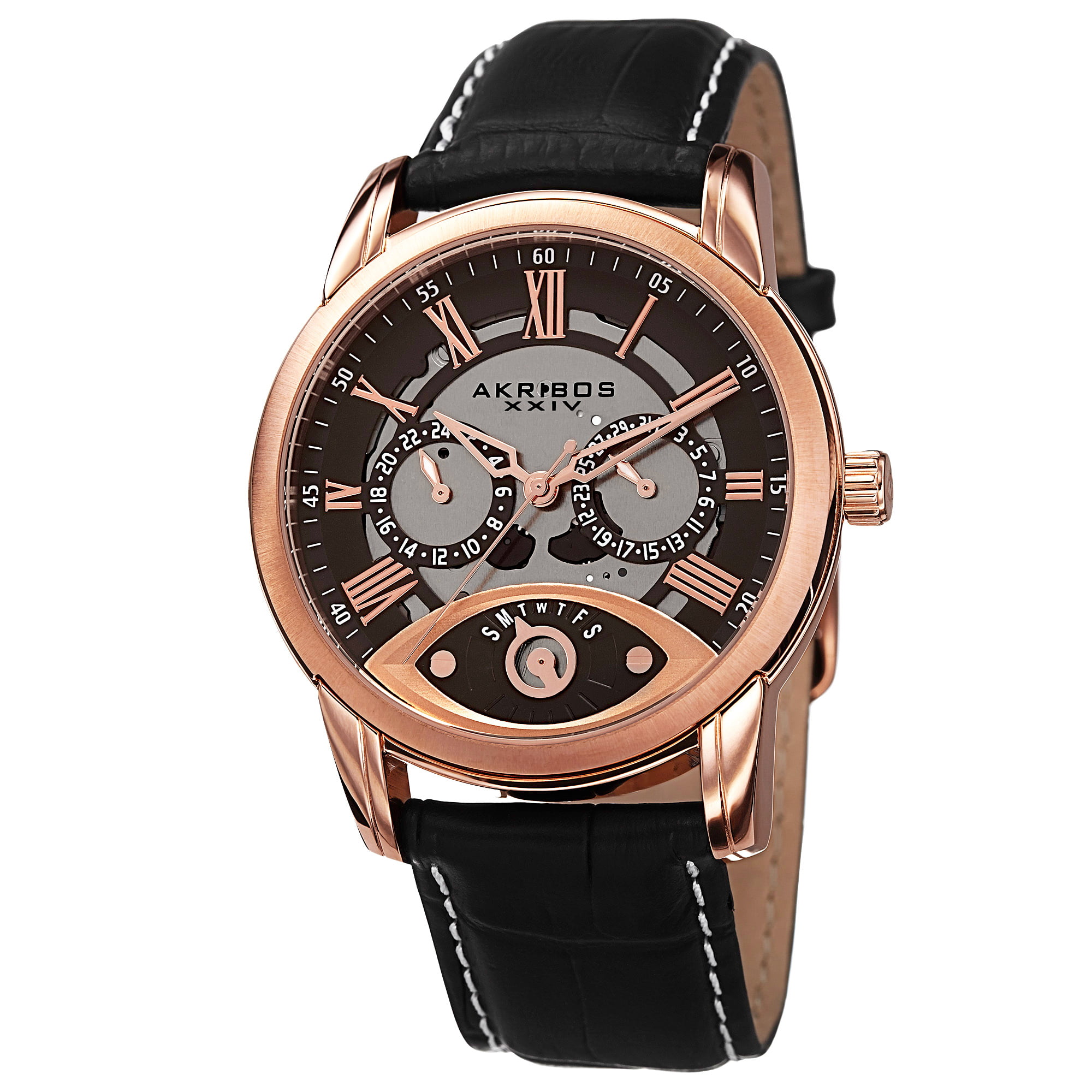 Akribos - Men's Multifunction Step Dial Leather Rose-Tone Strap Watch ...