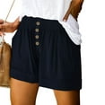 thumbnail image 2 of MIUOWANP Women's Elastic Waist Shorts with Pockets Solid Color Fake Buttons Relaxed Fit Shorts Size L(8)Navy, 2 of 7