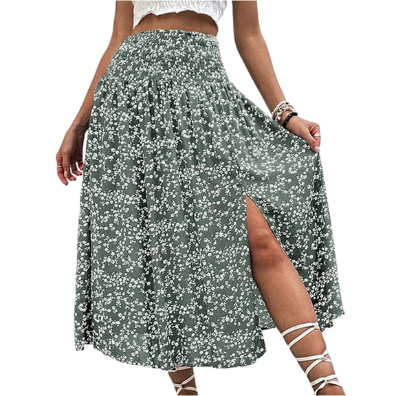 LWavelet Ditsy Floral Side Slit Maxi Skirt Women Daily Casual Flowy Stylish Versatile Bottoms Army Green S