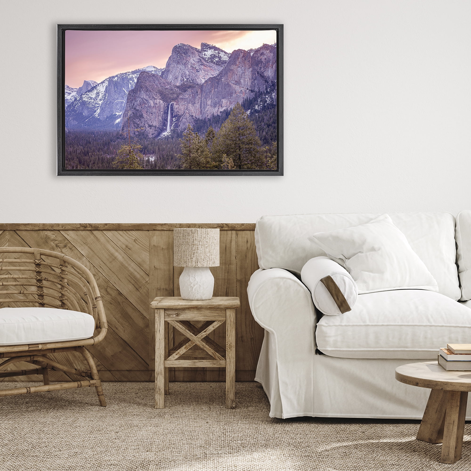 Stupell Industries Majestic Mountain Waterfall Sunset Black Framed Floater Canvas Wall Art, design by Shelley Carlisle