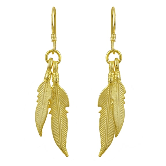 Amazing Double Feather Gold-Plated Sterling Silver Dangle Earrings