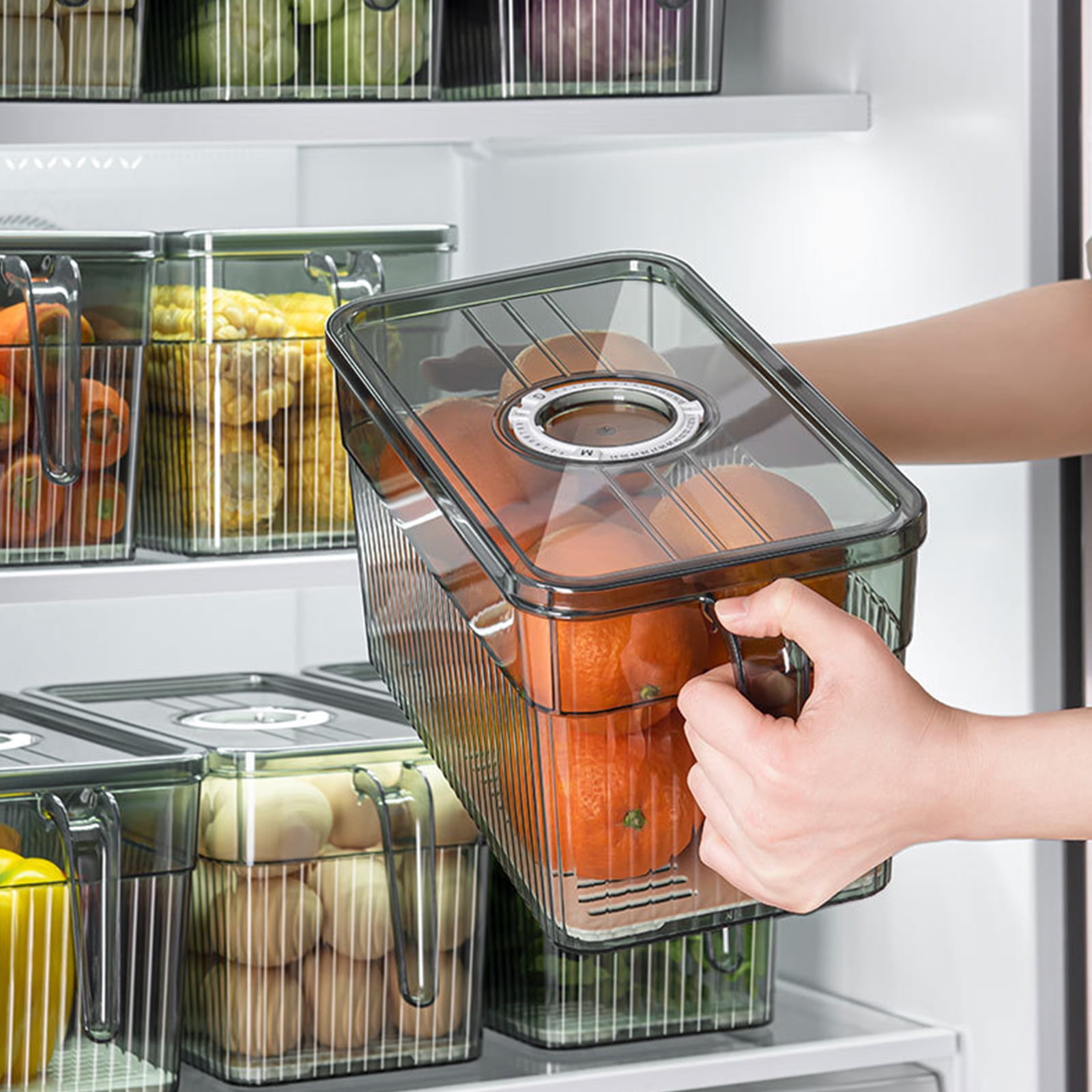 Oasiva Refrigerator Storage Box with Handle Lids Kitchen Plastic Food Container for Fridge Cabinet Fruits Vegetables Meat Eggs
