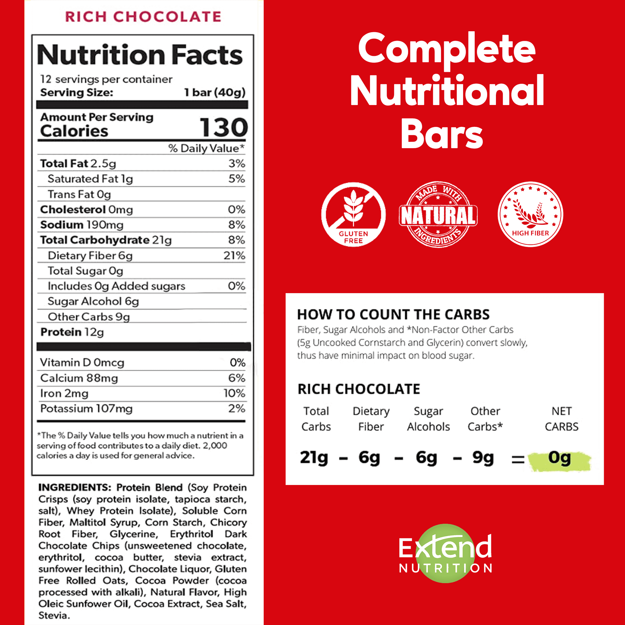 Extend Nutrition Bar, Low Carb, Sugar Free, Protein Bars, Rich Chocolate, 12 Count