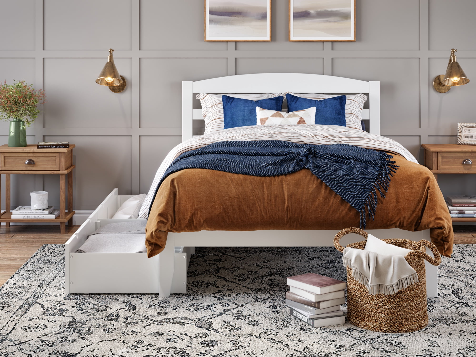 AFI Warren 14" Full Wood Platform Bed Frame with Set of 2 Storage Drawers, White