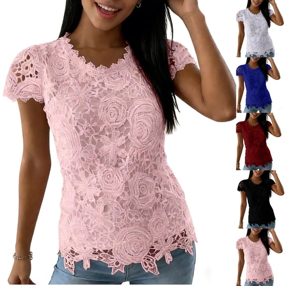 Lenago Wonens Tops Tops Women Tops Wimens Tops Ladies' Casual And Fashionable Round Neck Lace Petal Short Sleeved Top Black M