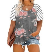 TIYOMI Floral Plus Size Tops Womens Short Sleeve Stripe Summer T-Shirts Raglan Round Neck Gray Color Block Blouses 2XL 18W 20W
