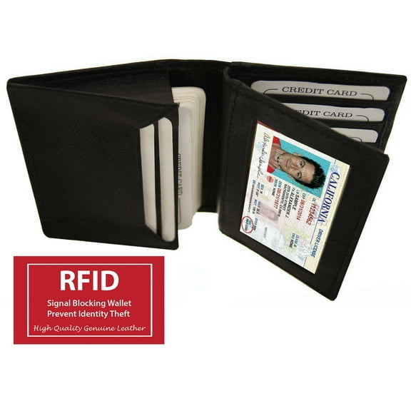 RFID Blocking Black Genuine Leather ID Credit Cards Pocket Business Center Flap Men's Wallet