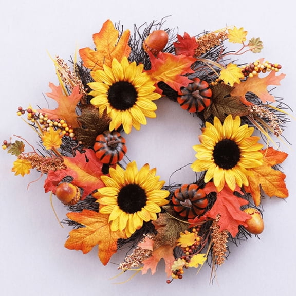 Fall Wreath 20'' Autumn Front Door Wreath Harvest Wreath with Small Pumpkin Berry Round Leaves Fall Decorations for Outside Indoor Wall Window Festival Thanksgiving Fall Autumn Decor(Yellow)