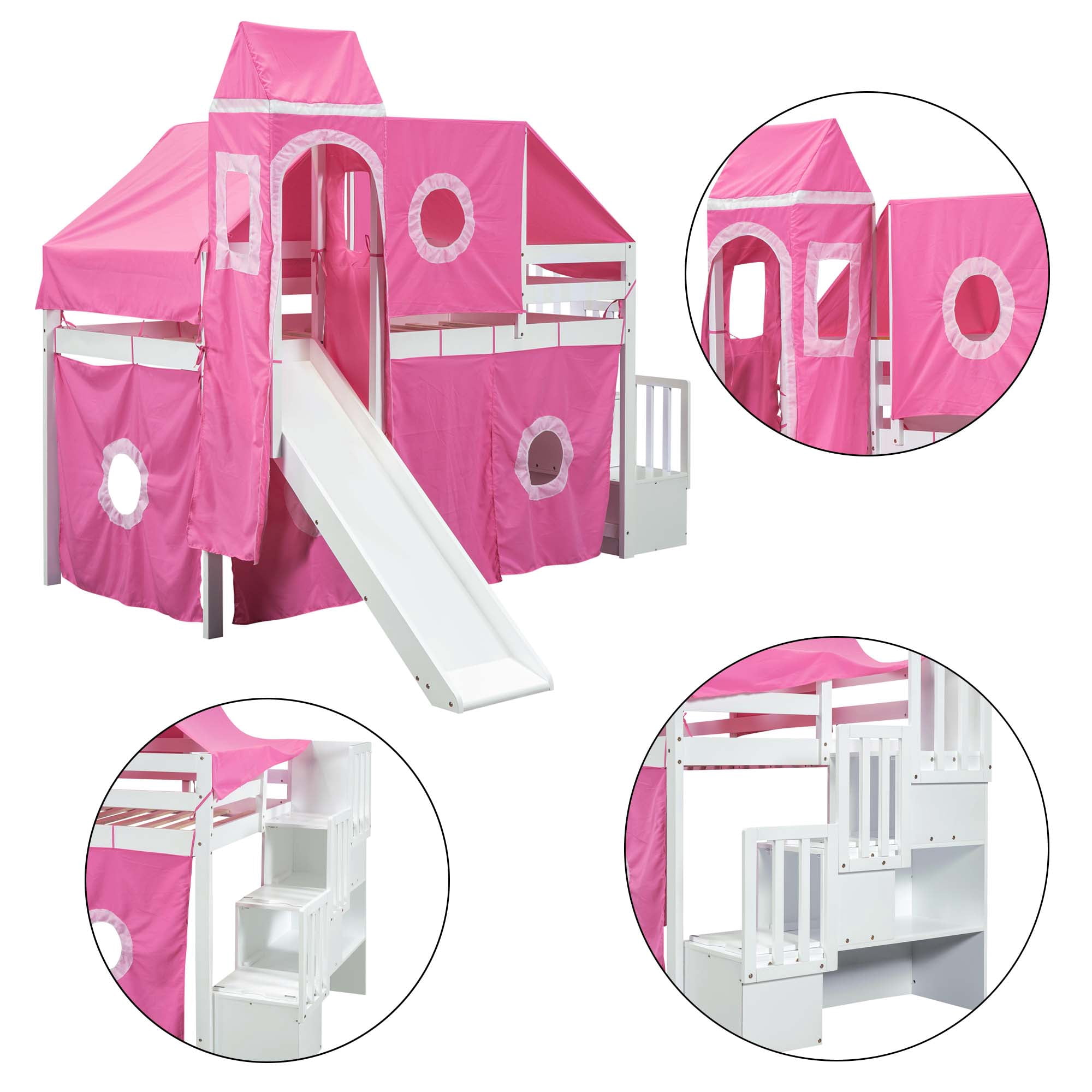 Aukfa Twin Loft Bed with Slide - Princess Castle Bed with Stairway Tent Tower for Kids Girls - Pink