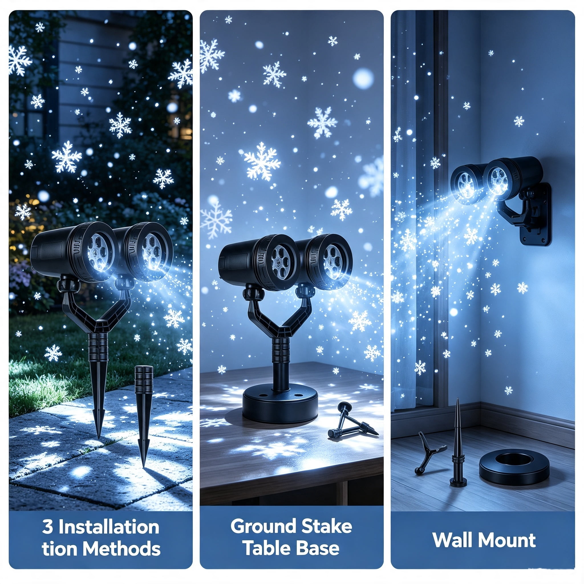 Astoutdoor Snowflake Projection Light with Dual Adjustable 180° Heads, IP44 ABS Outdoor Projector Light, 4 Dynamic Snowflake Patterns for Holiday Indoor and Outdoor Decor