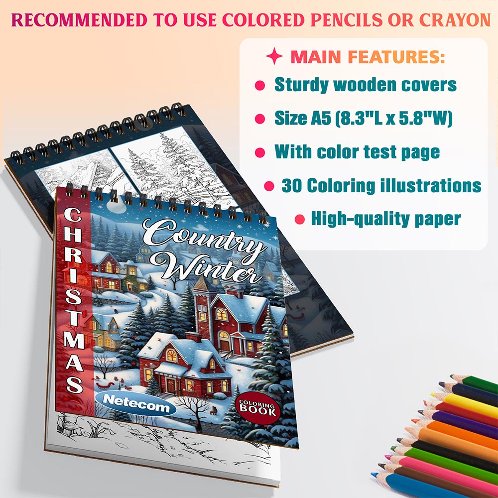 Netecom Christmas Country Winter Coloring Book Spiral Bound For Adults, A5 Wooden Cover, 30 Calming Coloring Pages of Winter Scenes for Stress Relief and Relaxation