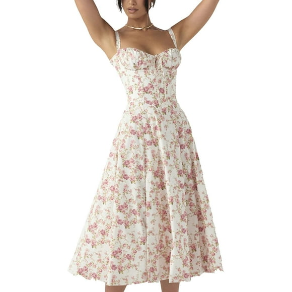 ral Corset Dress Cottage Core Dress Women Corset Midi Dress Flowy Slit Spaghetti Straps Floral Corset Dress Plus Size C Large