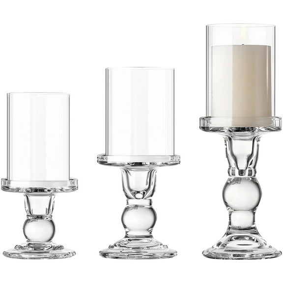 3 Pcs Glass Pillar Candle Holder Set, Tall Decorative Crystal Clear Roman Column Candlesticks for Table Centerpieces, Home Decor