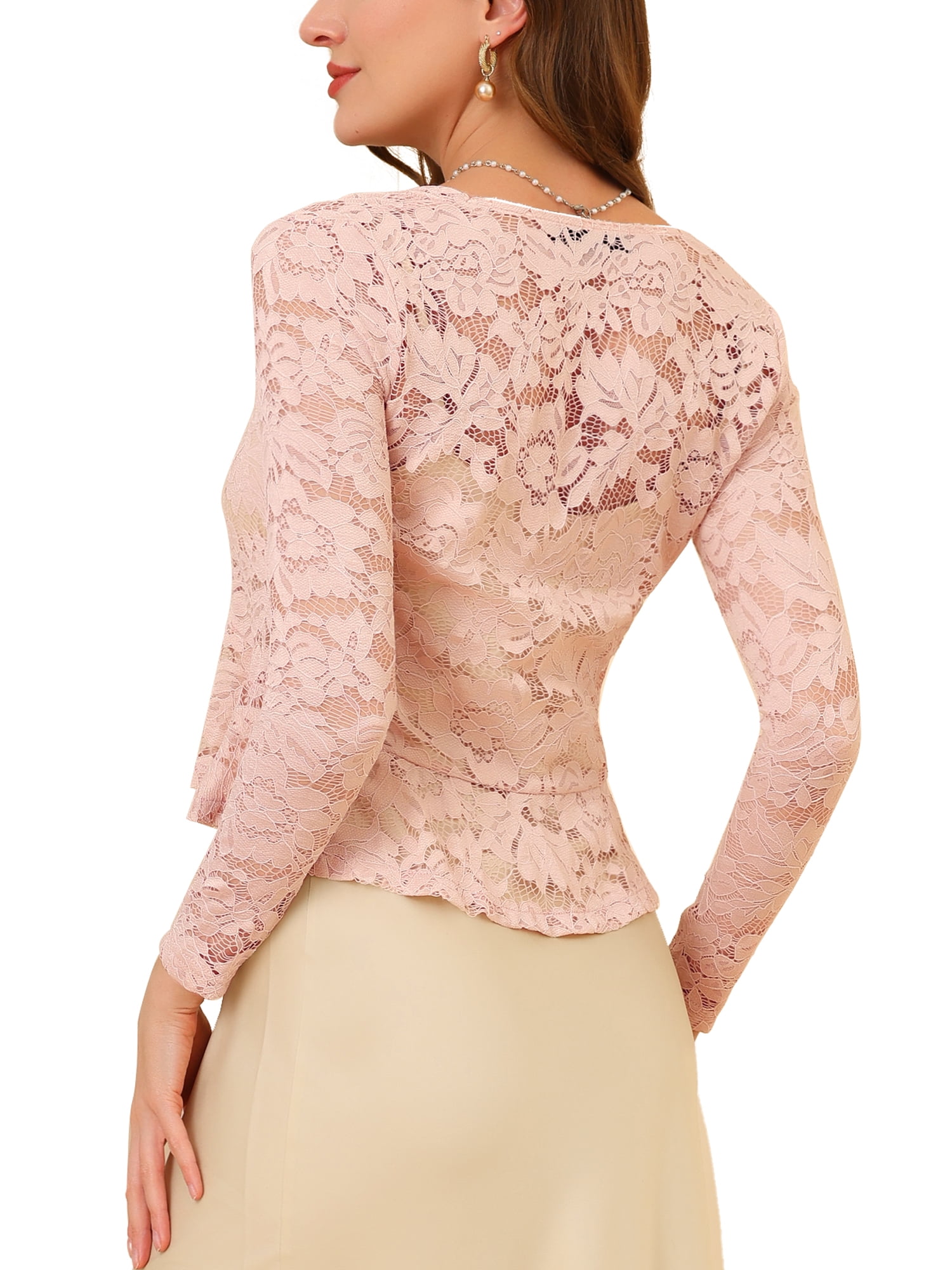 DARING DIVA Women's Ruffled Hem Floral Lace Crop Shrug Cardigan M Pink