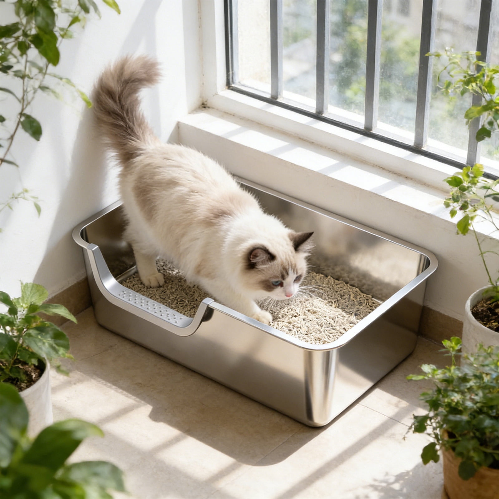 Winter Poetry Upgrade Stainless Steel Cat Litter Box, High Sides Anti-Spray Kitty Litter Pan, Odor Control Non-Slip Bottom, B