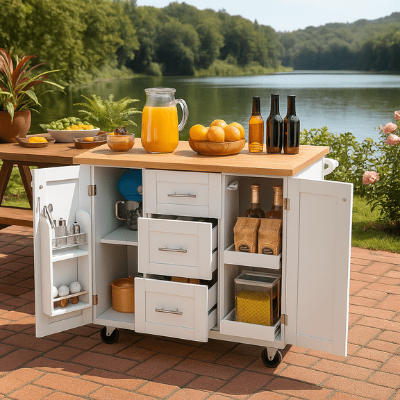 K&K Rolling Kitchen Island with Storage, Kitchen Cart with Rubber Wood Top, 3 Drawer, 2 Slide-Out Shelf and Internal Storage Rack, Kitchen Island on Wheels with Spice Rack & Tower Rack, White