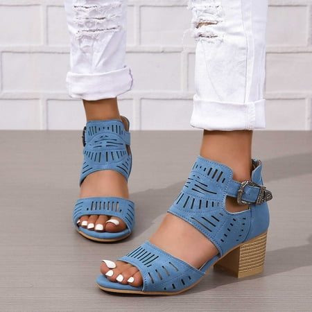 

AXXD Women Sandals Clearance Under $10 Summer New Large-size Hollow Fish Mouth Chunky Heels Sandals