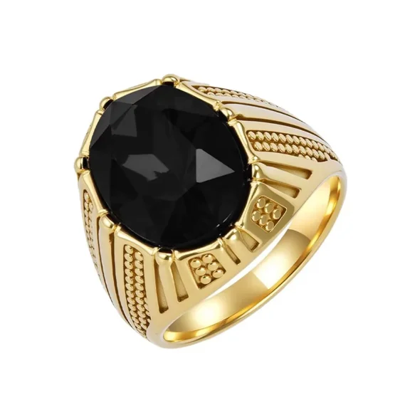 PAURO Men Stainless Steel Gemstone Signet Ring Fancy Cut Cubic Zirconia Ring High-Detail Engraved Sides Gold Plated Black Size 13
