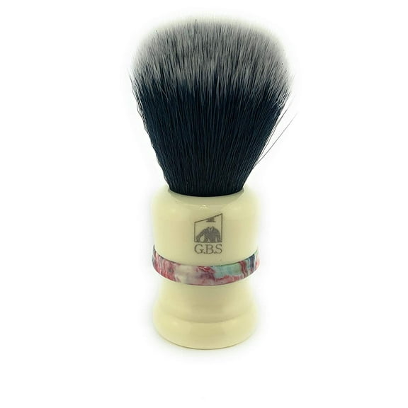 GBS Classic Synthetic Shaving Brush Bristles -Animal Free Vegan Brush- Super Soft - Compliments and Razor for Ultimate Wet Shaving (Ivory with Color Strip)