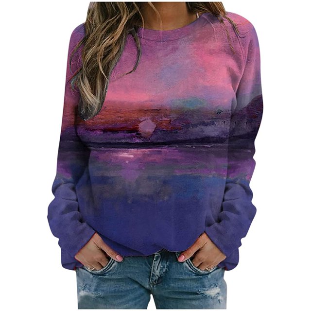 De Blusas de manga larga con estampado tie-dye y cuello redondo de moda informal de invierno para mujer