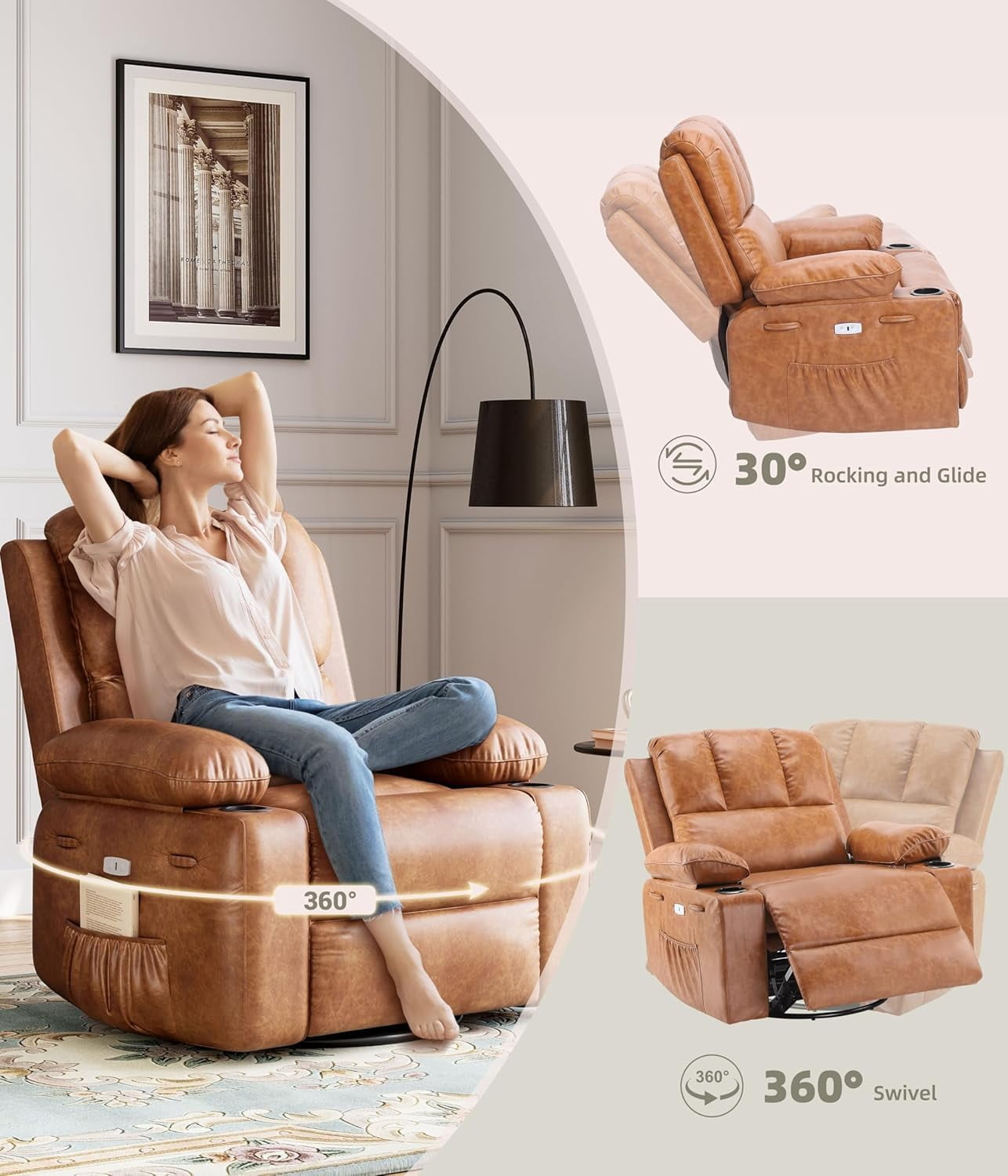 Oversized Electric Power Recliner Chair with Heat & Massage - 360° Swivel Rocker Recliner for Living Room, PU Leather Recliner with 1.5X Sponge Filling, 22" Large Seat Lazyboy Style.