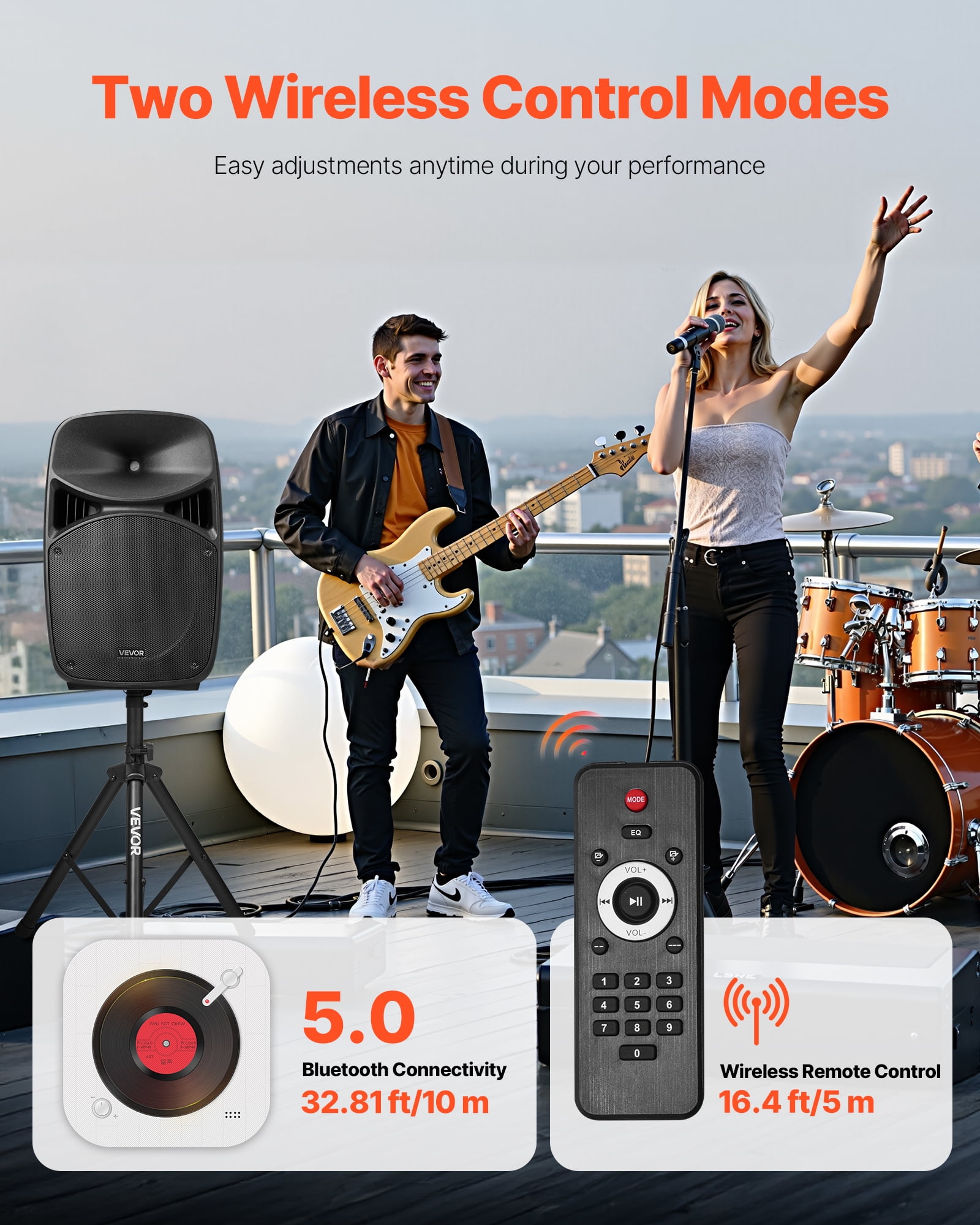 VEVOR Portable PA System, 2000W (PMPO) Powered, Sound System Set with 3 Channel Mixer, Dual Speakers, Wireless Bluetooth, Microphone, Compact Stands, USB & SD Inputs, Remote Control, for DJs Events