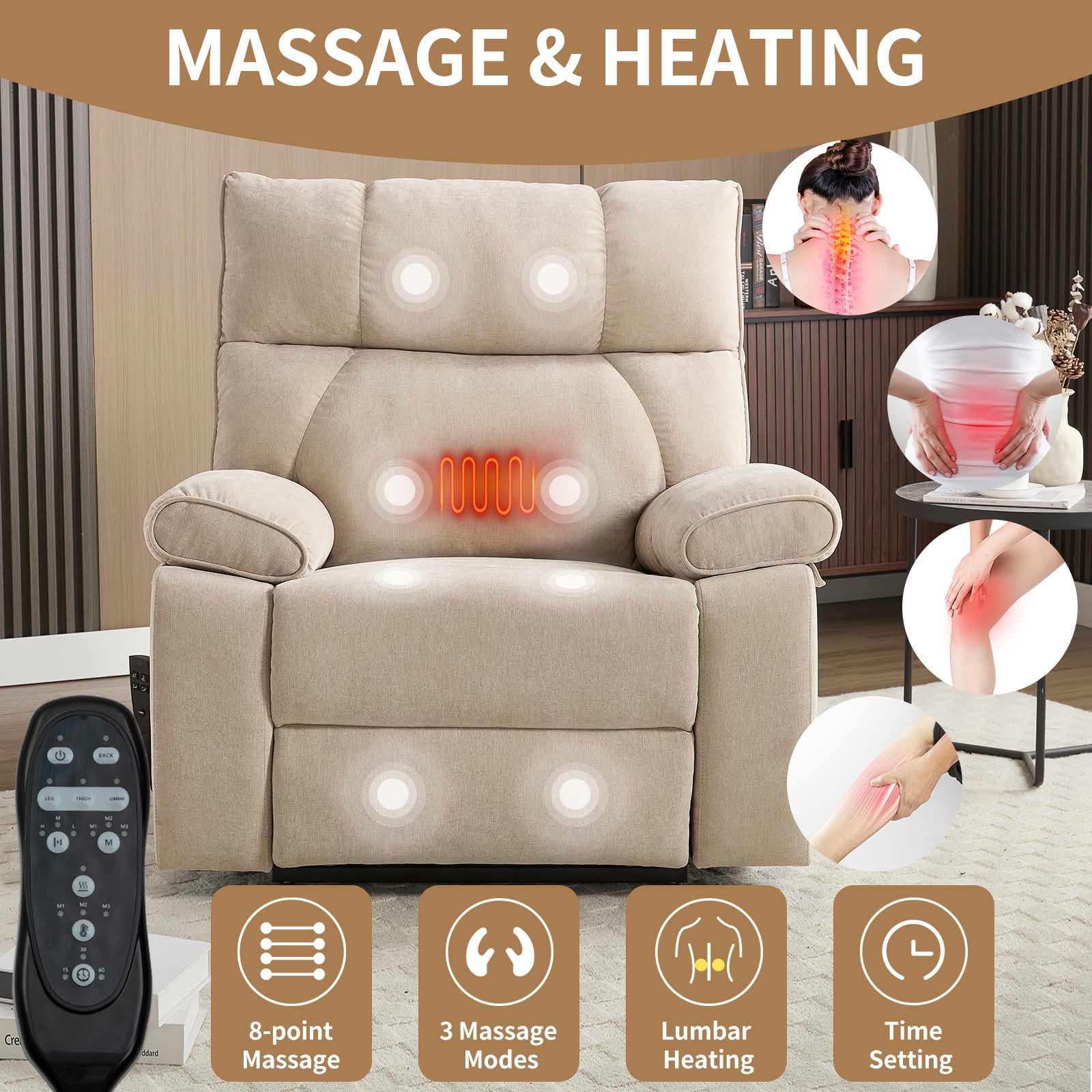 MAYEERTY Beige Dual Motor Power Lift Recliner, 350lbs Infinite Massage Heat Hidden Cup Holders Heavy Duty for Elderly 41"x37"x42"