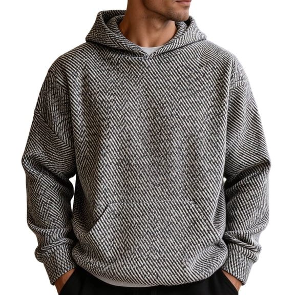 Kilaqueen Herringbone Hoodie for Men, Long Sleeve Pullover Sweatshirt with Kangaroo Pocket, Relaxed Casual Fit, Textured Layer for Travel and Cool Weather