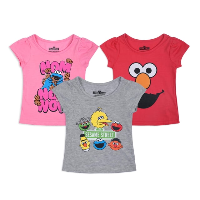 camisa de barrio sésamo para niñas camisetas para bebés y niños pequeños elmo shirt 3t (paquete de 3) paquete de 3 playeras para niña: vista frontal con playera roja de Elmo, playera gris con estampado de personajes (Big Bird, Cookie Monster, Bert, Ernie, Oscar) y playera rosa con Cookie Monster y texto "Nom Nom Nom", cuello redondo y manga corta, fondo blanco.