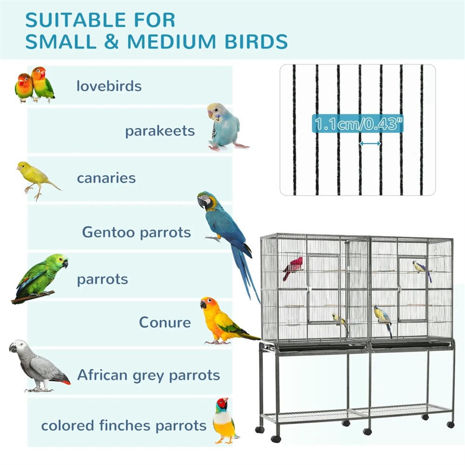 resenkos 64" Height Heavy Duty Travel Bird Cage Carrier with Rolling Stand, Wood Perch & Food Container for Parrots Conures Lovebird Cockatiel Parakeets, Black