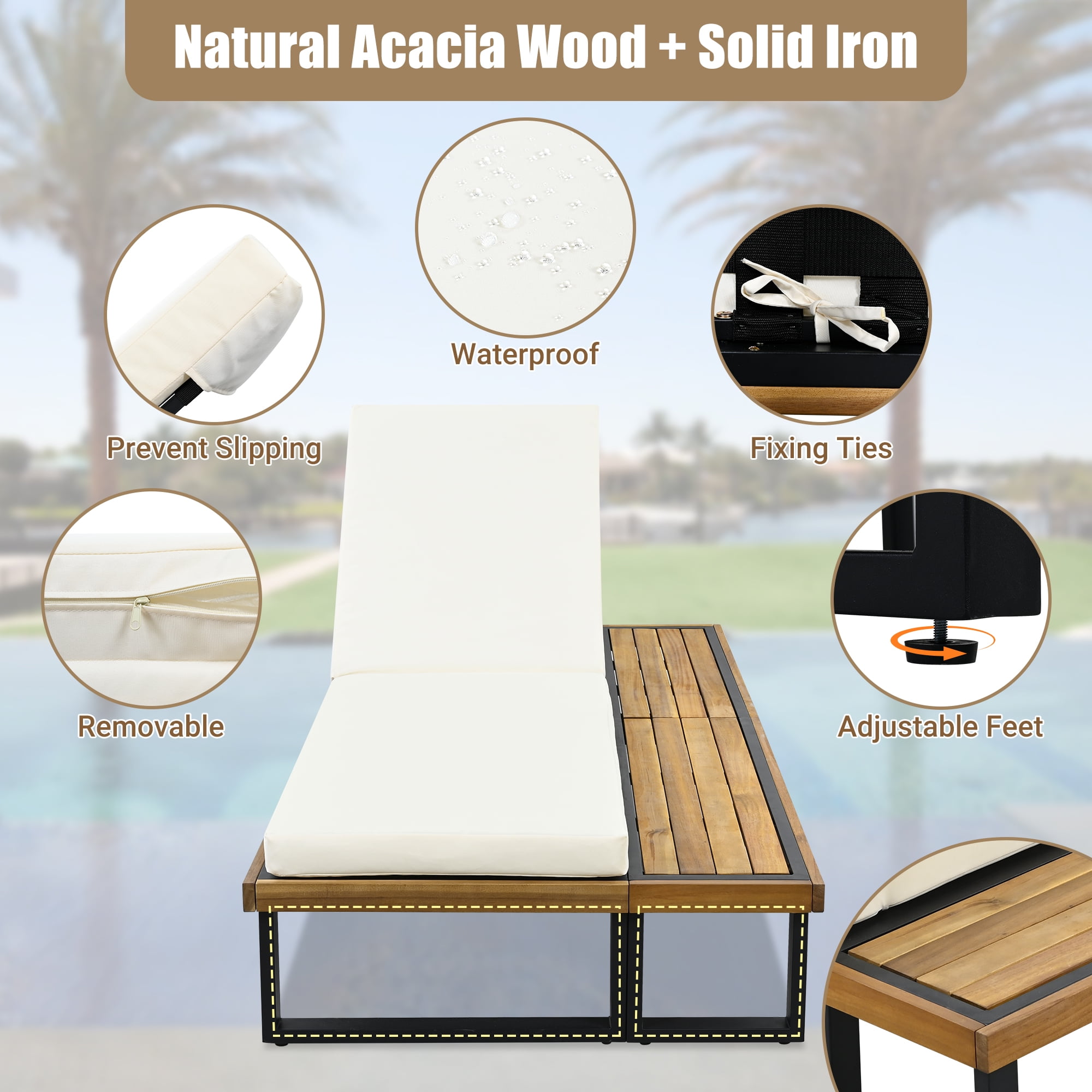 Euroco Outdoor Chaise Lounge Chair Set of 2 with 5-Position Adjustable Backrest , Reclinings with Cushions, Patio Loungers with Wood Side Table, Sturdy Frame