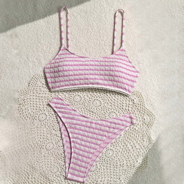 Traje de baño de 2 piezas para mujer, trajes de baño para mujer, bikini de encaje a rayas con camisola, traje de baño de playa dividido, traje de baño de nailon para mujer