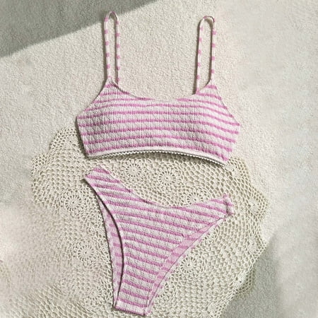 Jjayotai No Boundaries Women s 2 Peices Textured Bathing Suit  Smocked Wireless Bikini Bandeau Top Thong Swimsuit  High Waisted Bikini Sets for Women Pink~ S