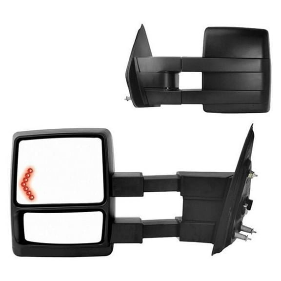 61183-84F - Fit System Towing Mirror Pair for 09-12 Ford F150 extendable, LED Arrow Turn Signal & puddle lamp, textured black, foldaway, Heated Power