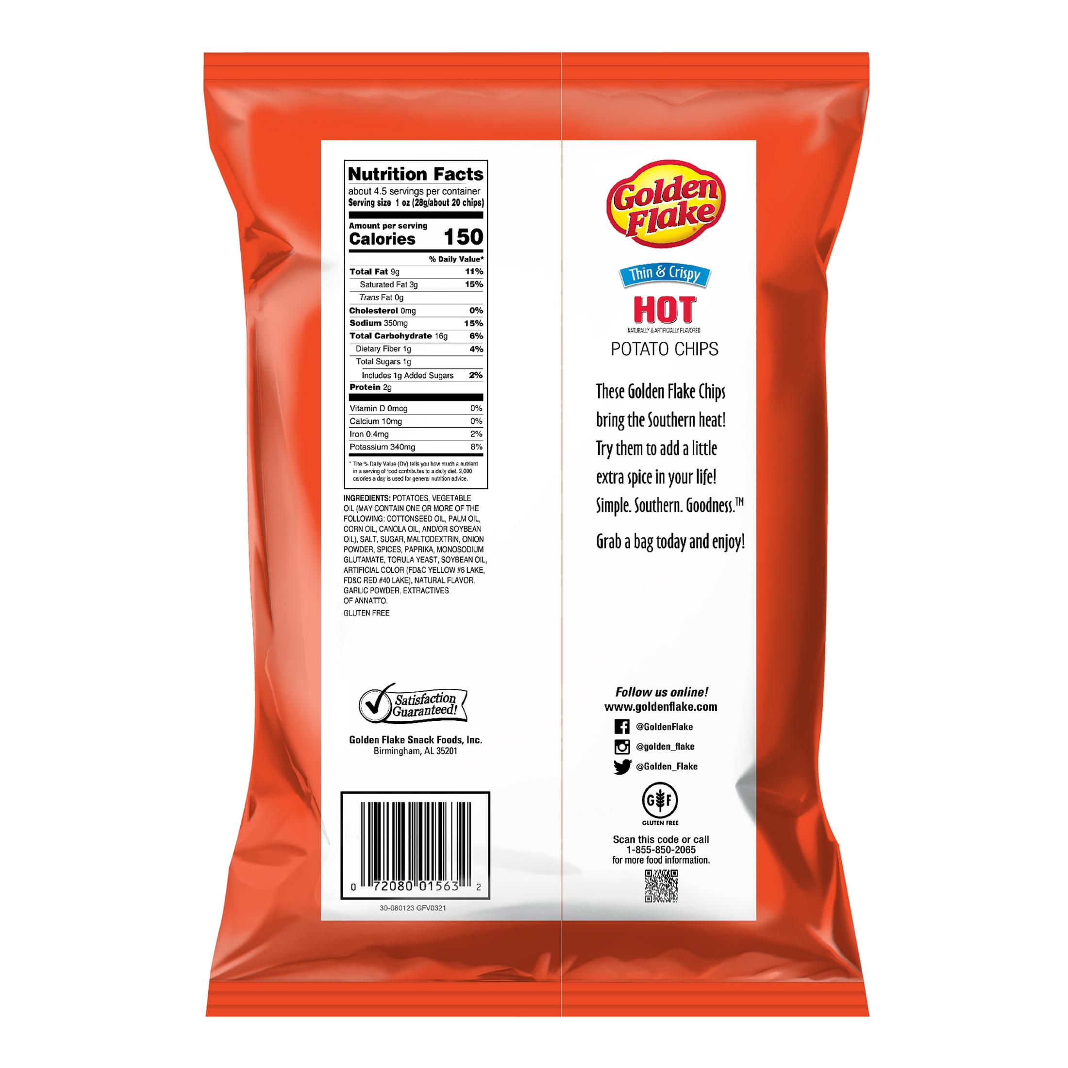 Golden Flake Hot Thin & Crispy Potato Chips, Gluten-Free, 4.625 oz Bag