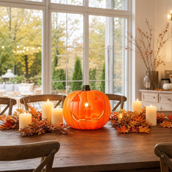 Ohmyroo 8 In Light Up Pumpkin, Battery LED Plastic Halloween Indoor Outdoor Decor