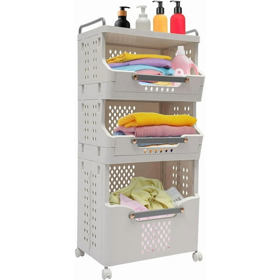 3 Tier Laundry Basket, Foldable Laundry Basket with Wheels, 55Lbs Capacity Rolling Laundry Hamper Storage Sorter for Kitchens Bathrooms Bedrooms