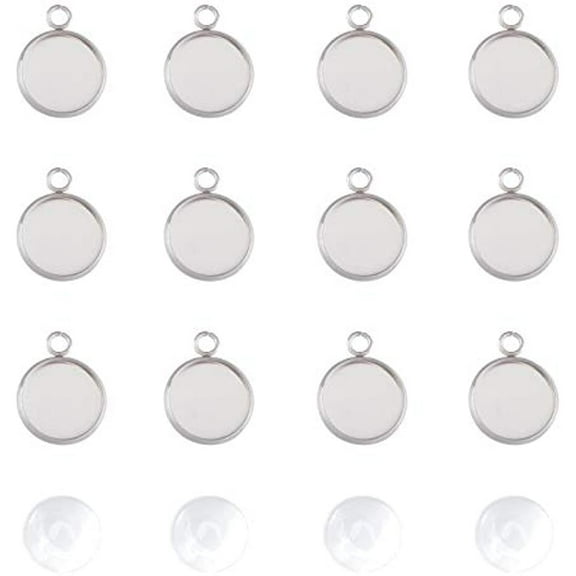 60 Sets 12mm Flat Round Tray Pendants Making Kits 304 Stainless Steel Pendant Cabochon Settings and Clear Glass Cabochon for Women Necklaces Jewelry Making
