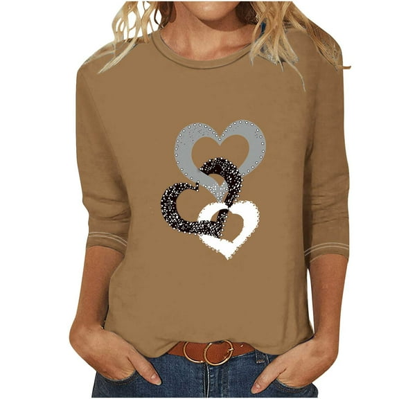 Sakmal Brown Summer Tops for Women 2024 3/4 Sleeve Crew Neck Love Heart Pullover Womens T Shirts