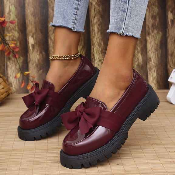 Xucatan Women's Patent Leather Bow Loafers, Round Toe Chunky Heel Slip On Shoes, Fashion Comfortable Platform Flats for Office Daily Gift