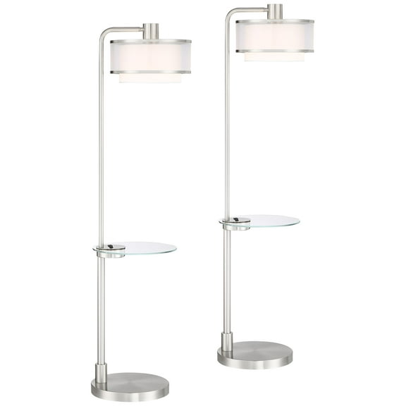 Possini Euro Design Vogue Modern Floor Lamps with Tray Tables 60" Tall Set of 2 Brushed Nickel USB Charging Port Double Shade for Living Room Bedroom