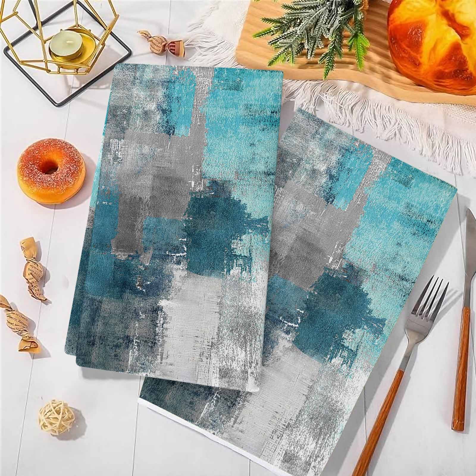 Dish Towels, Teal Gray Block Absorbent Kitchen Towels 2 PCS, Abstract Art Microfiber Hand Towels Dish Cloths Tea Towels for Home&nbsp;Bathroom Cleaning Drying,18X28-Inch,