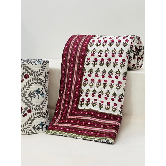 Handmade Cotton Quilt | Soft Quilted Blanket | Block Print Bed Cover | Cottagecore Bedding | Sustainable Home Décor(HBQURQ1030)