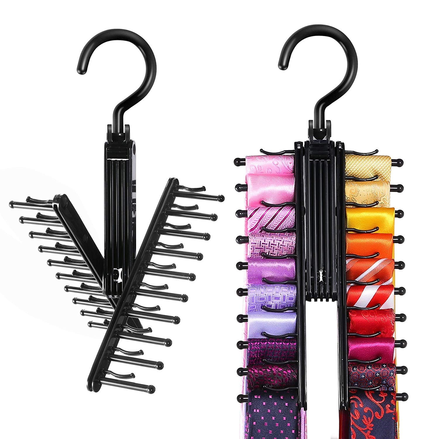 2X Tie Rack Hanger Rotating Adjustable Tie Holds 20 Ties Belts Organiser For Men 