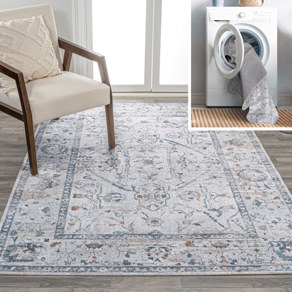 JONATHAN Y WASHABLE 4 x 6 Area Rug, Brandy Rustic Border - Light Gray/Blue, WSH321B-4