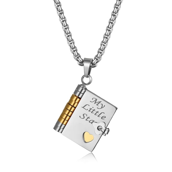 My Little Star Book Necklace for Daughter, 6 Page Openable Stainless Steel Book Pendant from Mom Dad, Graduation Birthday Christmas Keepsake Jewelry Gift, Silvergold