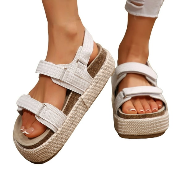 HCNTES Women's Raffia Platform Wedge Sandals Open Toe Slingback Sandals Adjustable Double Strap Beach Sandals(12,White)