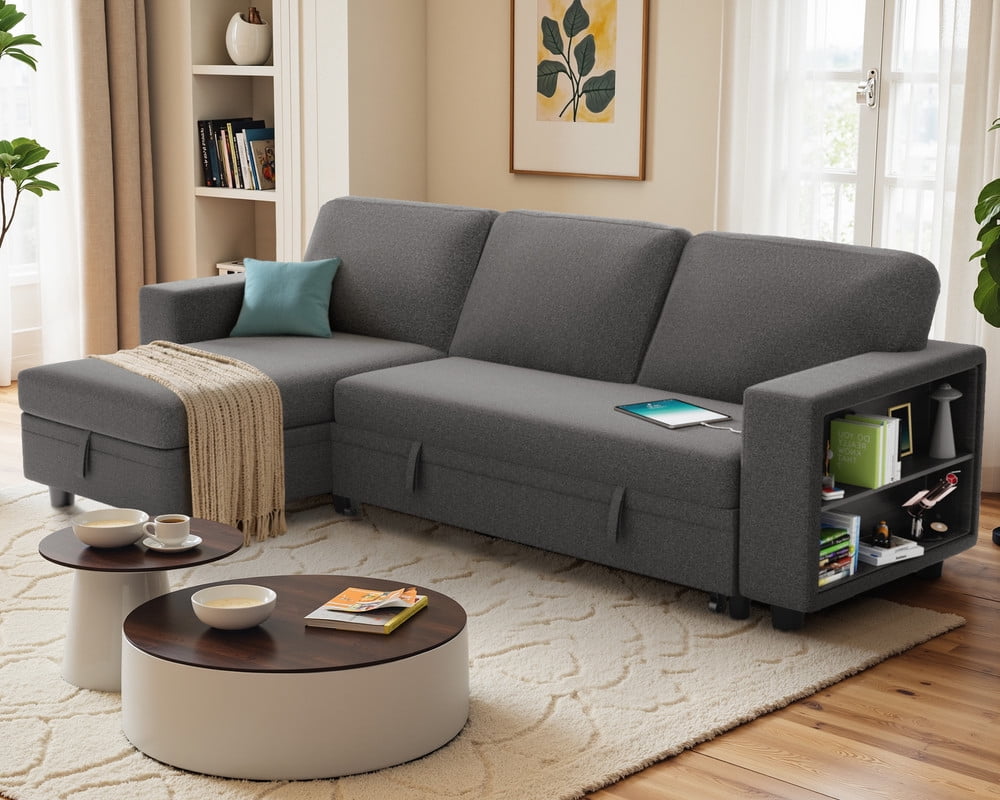 Homall 80" Sleeper Sofa Couch with Pull Out Bed Sectional Sofa with Storable Armrest Shelf and USB Charge Port for Living Room,Gray