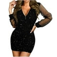 thumbnail image 2 of Dwaogom Fashion Casual Comfortable Women's Solid Long Sleeve V-neck Zipper Netting Sequin Dress Plus Size Dress Black Dress For Girls Sexy Plus Size Maxi Dress, 2 of 6