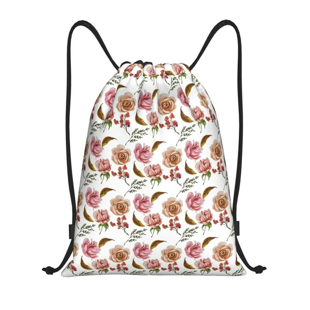 Saiise Rose Flowers Pattern Sports Drawstring Backpack - String Swim Gym Bag with Wet Proof Pocket for Women&Men-Medium